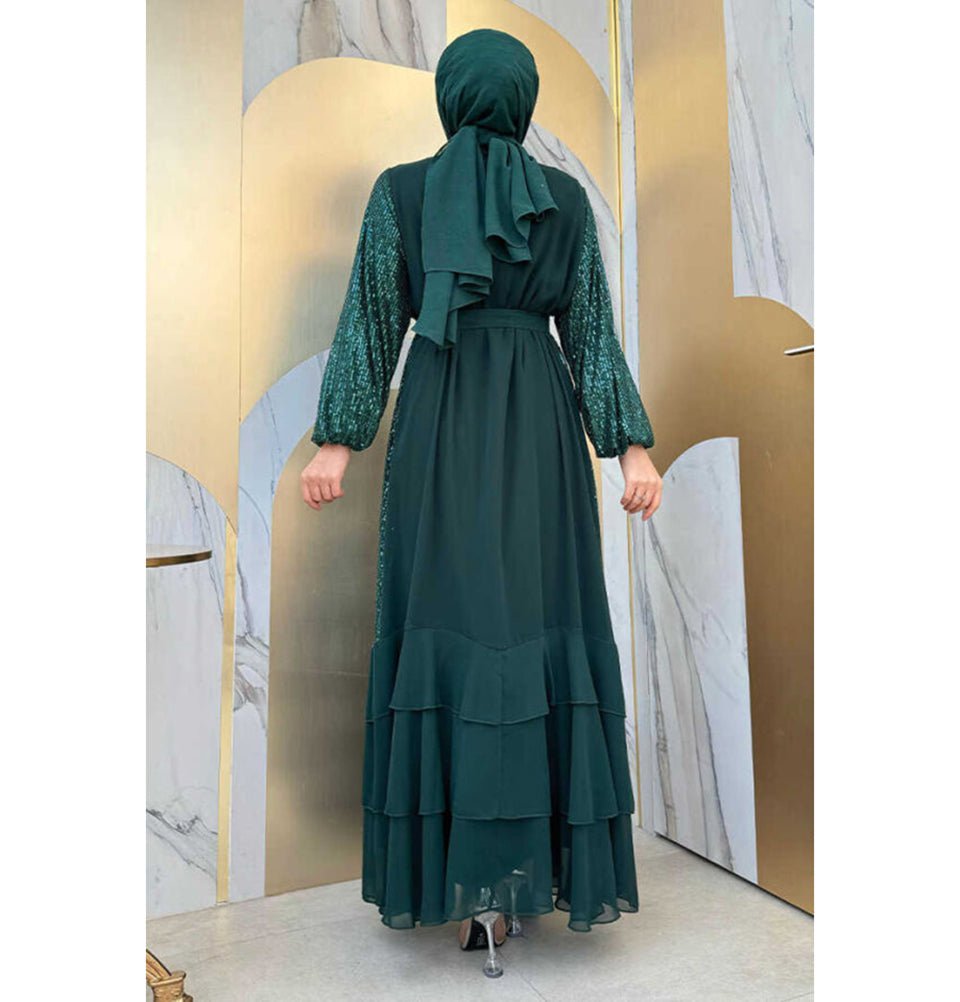 Modefa Abaya Modern Muslim Woman's Sequins Two Piece Abaya - 8483 Green