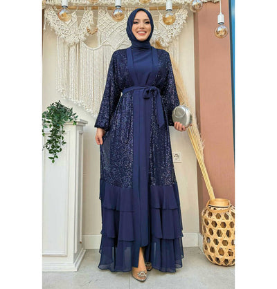 Modefa Abaya Modern Muslim Woman's Sequins Two Piece Abaya - 8483 Navy Blue