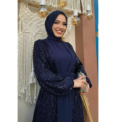 Modefa Abaya Modern Muslim Woman's Sequins Two Piece Abaya - 8483 Navy Blue