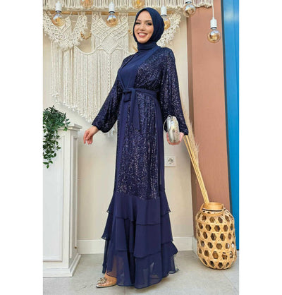 Modefa Abaya Modern Muslim Woman's Sequins Two Piece Abaya - 8483 Navy Blue