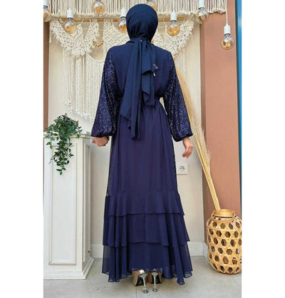 Modefa Abaya Modern Muslim Woman's Sequins Two Piece Abaya - 8483 Navy Blue