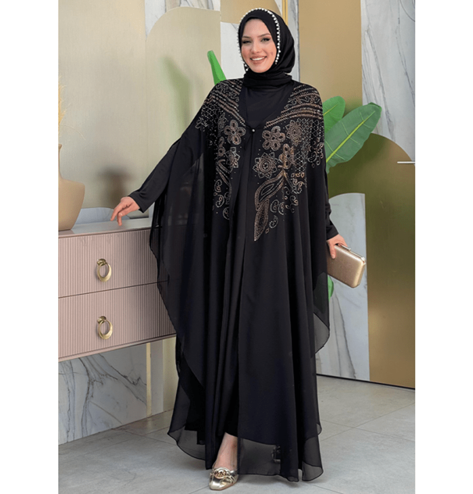 Modefa Abaya Modern Muslim Woman's Two Piece Butterfly Abaya - 3651 - Black