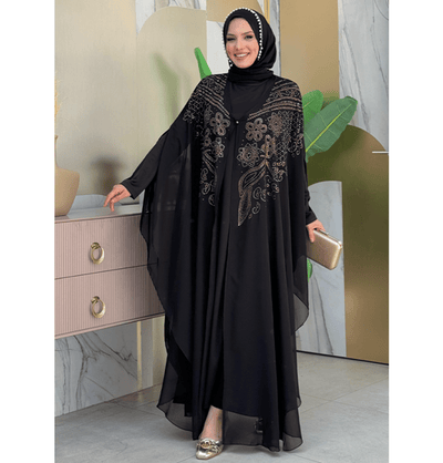 Modefa Abaya Modern Muslim Woman's Two Piece Butterfly Abaya - 3651 - Black