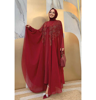 Modefa Abaya Modern Muslim Woman's Two Piece Butterfly Abaya - 3651 - Red