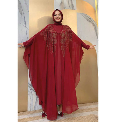 Modefa Abaya Modern Muslim Woman's Two Piece Butterfly Abaya - 3651 - Red