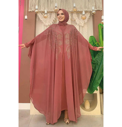 Modefa Abaya Modern Muslim Woman's Two Piece Butterfly Abaya - 3651 - Rose Pink