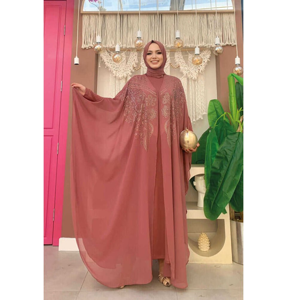 Modefa Abaya Modern Muslim Woman's Two Piece Butterfly Abaya - 3651 - Rose Pink