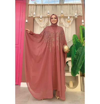 Modefa Abaya Modern Muslim Woman's Two Piece Butterfly Abaya - 3651 - Rose Pink