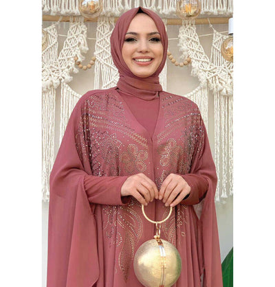 Modefa Abaya Modern Muslim Woman's Two Piece Butterfly Abaya - 3651 - Rose Pink