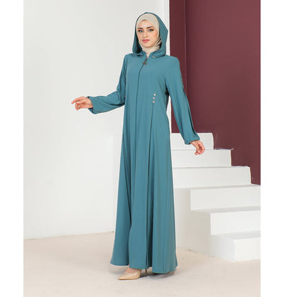 Modefa Abaya Modest Muslim Woman Detachable Hood Zip Up Abaya - 1132 Turquoise