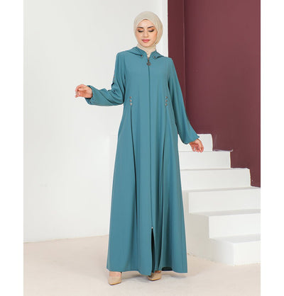 Modefa Abaya Modest Muslim Woman Detachable Hood Zip Up Abaya - 1132 Turquoise