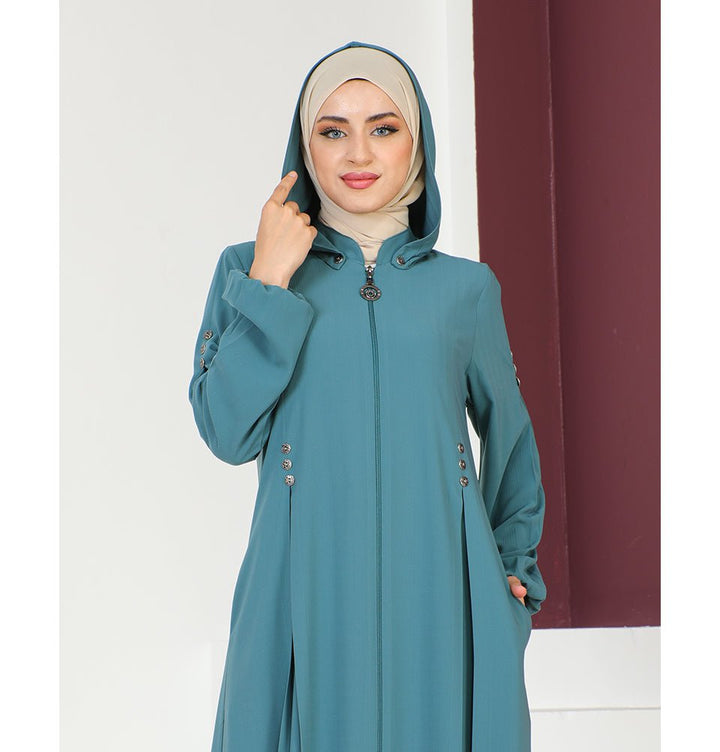 Modest Muslim Woman Detachable Hood Zip Up Abaya - 1132 Turquoise
