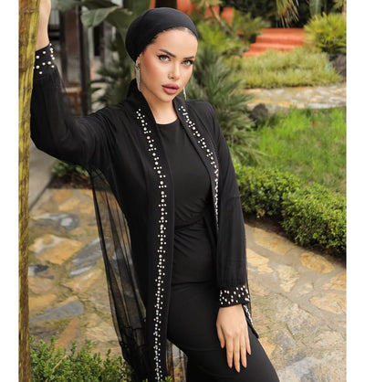 Modefa Abaya Modest Muslim Woman Elegant Evening Pearl Embellished Abaya - 3153 Black