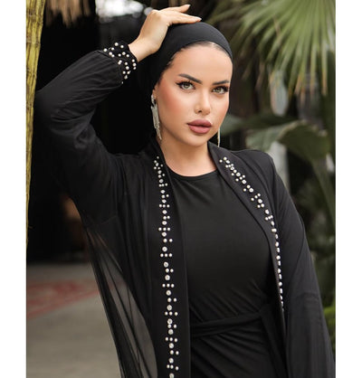 Modefa Abaya Modest Muslim Woman Elegant Evening Pearl Embellished Abaya - 3153 Black