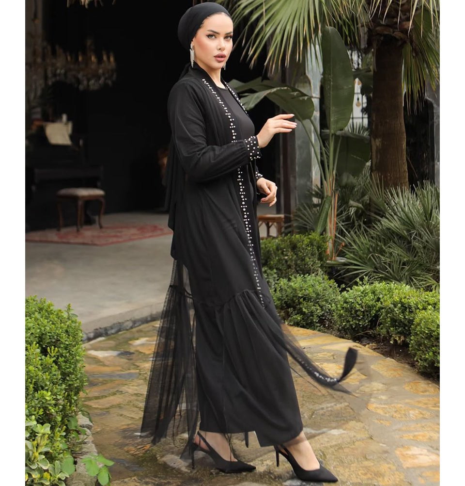 Modest Muslim Woman Elegant Evening Pearl Embellished Abaya - 3153 Bla Modest Muslim Woman Elegant Evening Pearl Embellished Abaya - 3153 Bla