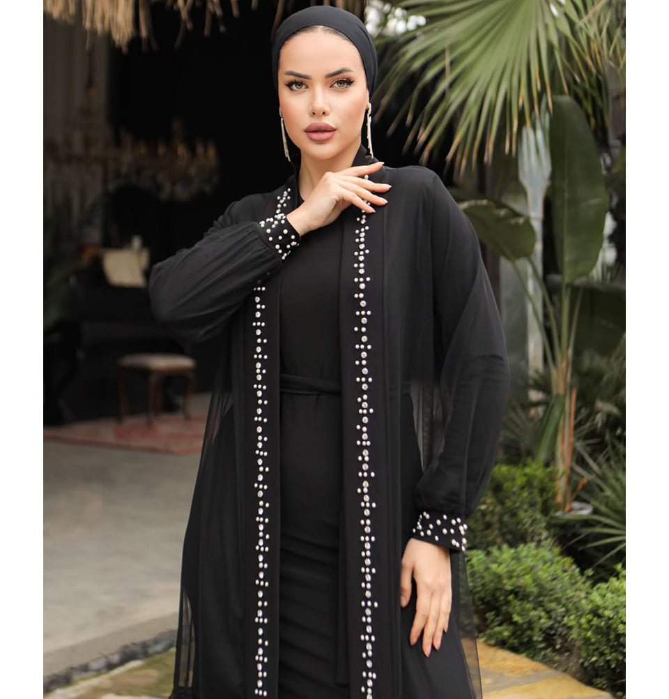 Modest Muslim Woman Elegant Evening Pearl Embellished Abaya 3153 Bla Modest Muslim Woman Elegant Evening Pearl Embellished Abaya 3153 Bla