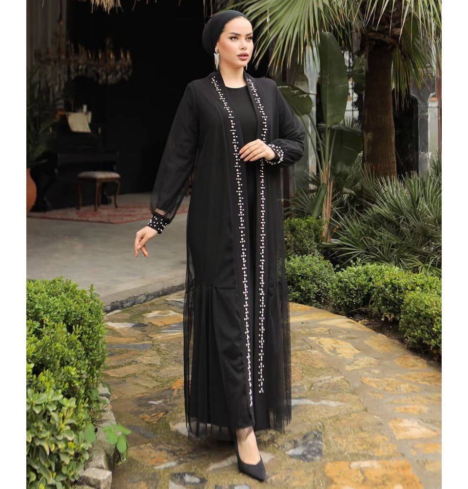 Modefa Abaya Modest Muslim Woman Elegant Evening Pearl Embellished Abaya - 3153 Black