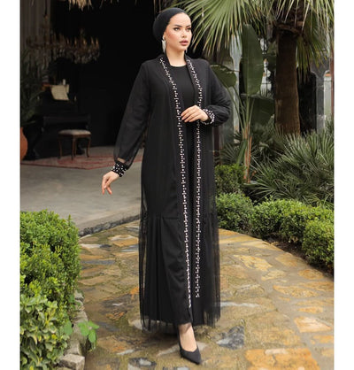 Modefa Abaya Modest Muslim Woman Elegant Evening Pearl Embellished Abaya - 3153 Black