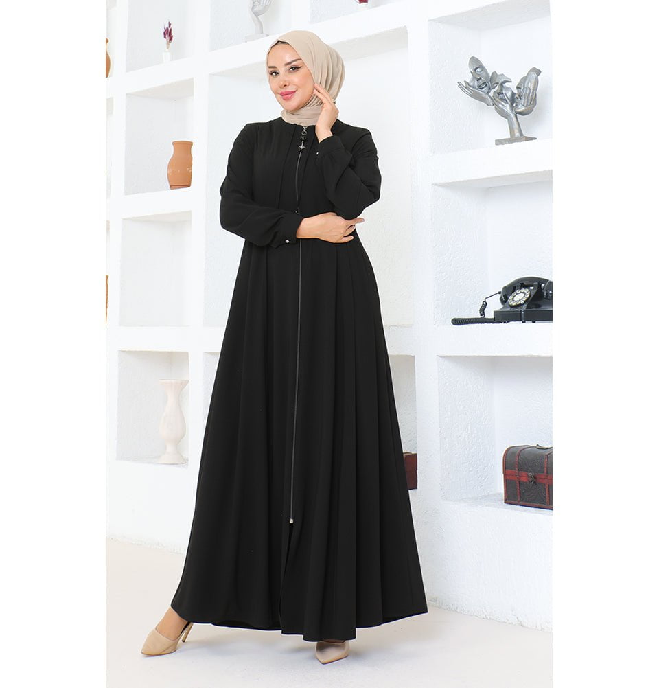 Modefa Abaya Modest Muslim Woman Pearled Twist Zip Up Abaya - 1113 Black