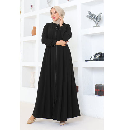 Modefa Abaya Modest Muslim Woman Pearled Twist Zip Up Abaya - 1113 Black