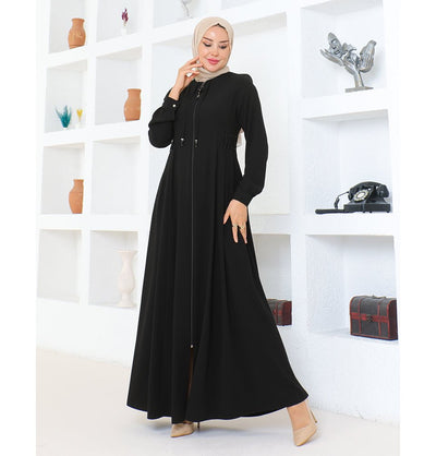 Modefa Abaya Modest Muslim Woman Pearled Twist Zip Up Abaya - 1113 Black
