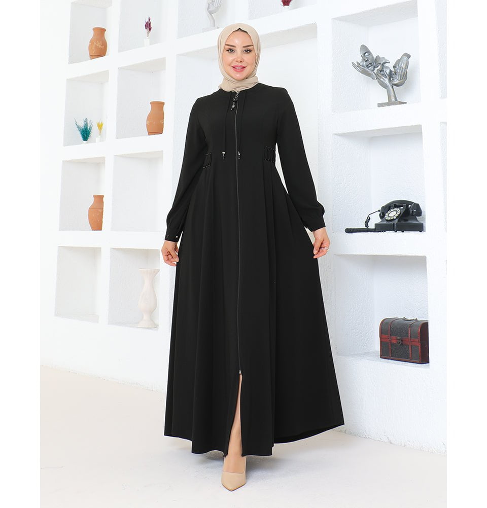 Modefa Abaya Modest Muslim Woman Pearled Twist Zip Up Abaya - 1113 Black