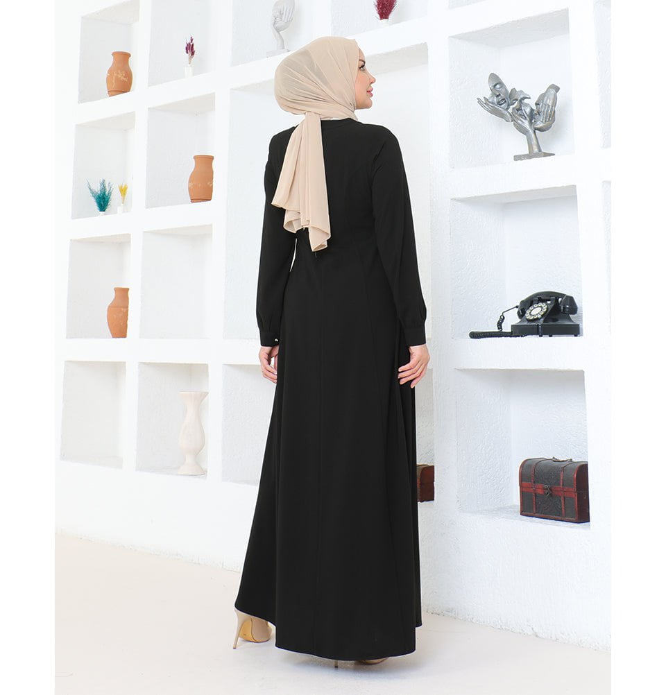 Modest Muslim Woman Pearled Twist Zip Up Abaya - 1113 Black