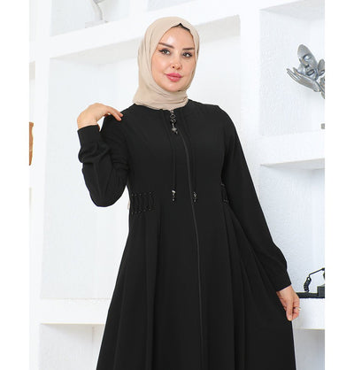 Modefa Abaya Modest Muslim Woman Pearled Twist Zip Up Abaya - 1113 Black