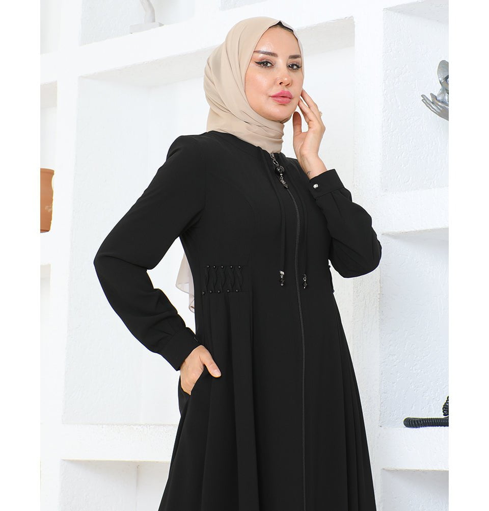 Modefa Abaya Modest Muslim Woman Pearled Twist Zip Up Abaya - 1113 Black