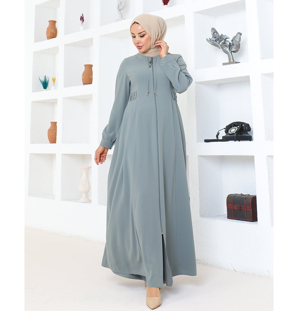 Modefa Abaya Modest Muslim Woman Pearled Twist Zip Up Abaya - 1113 Grey