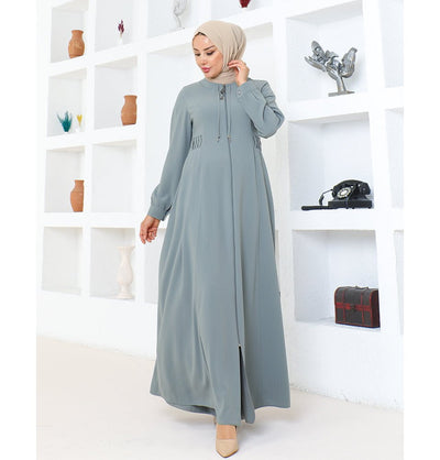 Modefa Abaya Modest Muslim Woman Pearled Twist Zip Up Abaya - 1113 Grey