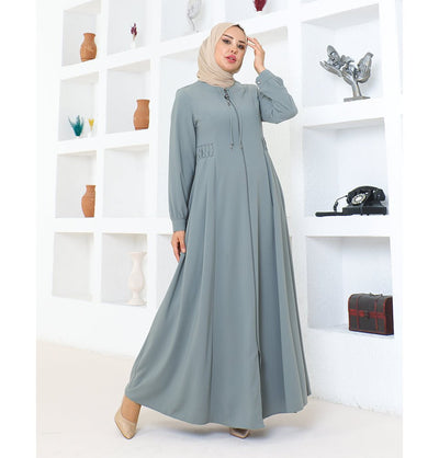 Modefa Abaya Modest Muslim Woman Pearled Twist Zip Up Abaya - 1113 Grey