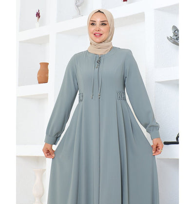 Modefa Abaya Modest Muslim Woman Pearled Twist Zip Up Abaya - 1113 Grey