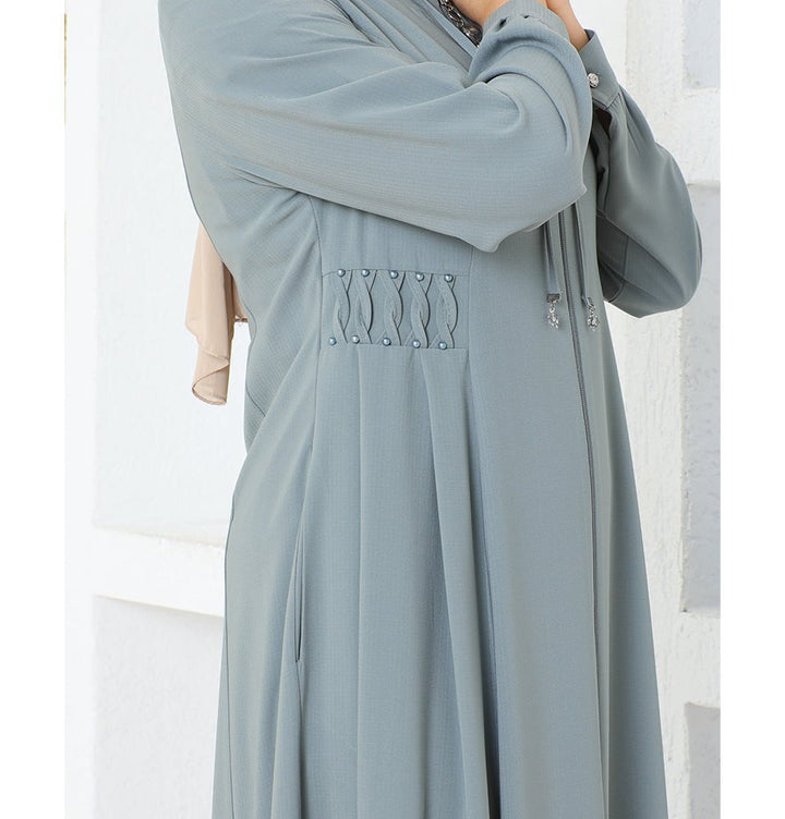 Modest Muslim Woman Pearled Twist Zip Up Abaya - 1113 Grey