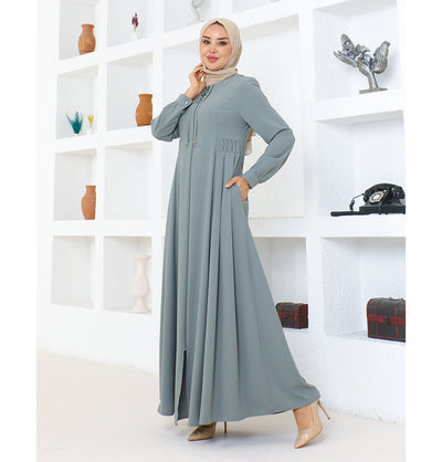 Modefa Abaya Modest Muslim Woman Pearled Twist Zip Up Abaya - 1113 Grey