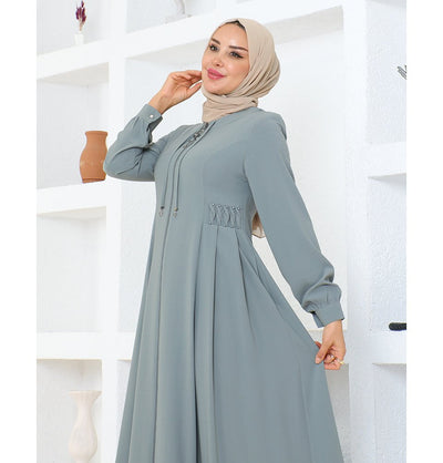 Modefa Abaya Modest Muslim Woman Pearled Twist Zip Up Abaya - 1113 Grey