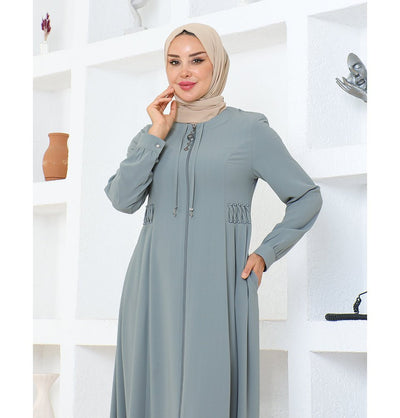 Modefa Abaya Modest Muslim Woman Pearled Twist Zip Up Abaya - 1113 Grey