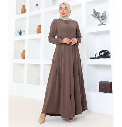 Modefa Abaya Modest Muslim Woman Pearled Twist Zip Up Abaya - 1113 Mink