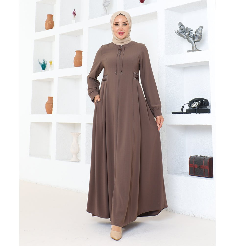 Modest Muslim Woman Pearled Twist Zip Up Abaya