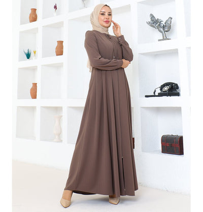 Modefa Abaya Modest Muslim Woman Pearled Twist Zip Up Abaya - 1113 Mink