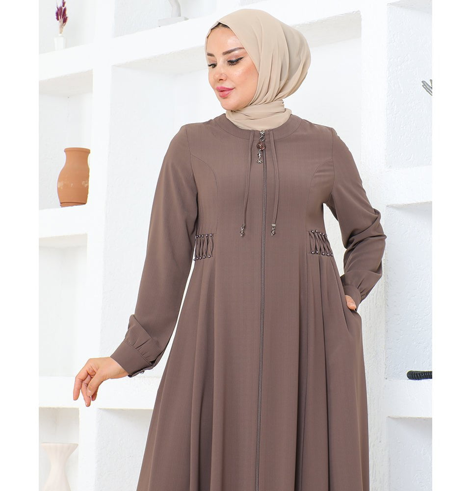 Modefa Abaya Modest Muslim Woman Pearled Twist Zip Up Abaya - 1113 Mink