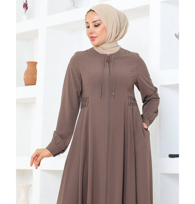 Modefa Abaya Modest Muslim Woman Pearled Twist Zip Up Abaya - 1113 Mink