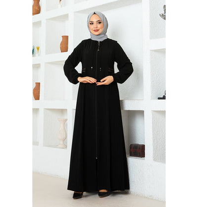 Modefa Abaya Modest Muslim Woman Pleated Zip Up Abaya - 1114 Black