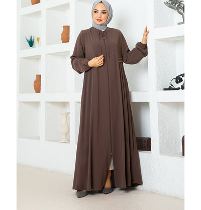 Modefa Abaya Modest Muslim Woman Pleated Zip Up Abaya - 1114 Mink