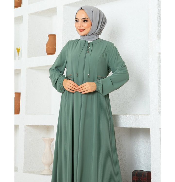 Modest Muslim Woman Pleated Zip Up Abaya - 1114 Water Green Modest Muslim Woman Pleated Zip Up Abaya - 1114 Water Green