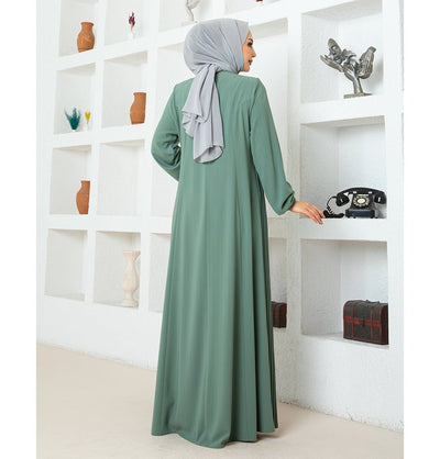 Modefa Abaya Modest Muslim Woman Pleated Zip Up Abaya - 1114 Water Green