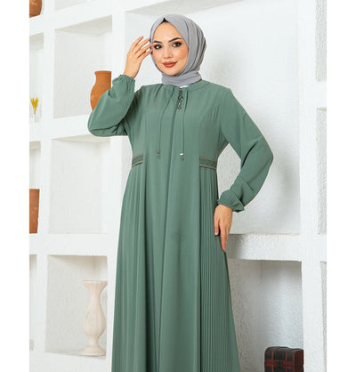 Modefa Abaya Modest Muslim Woman Pleated Zip Up Abaya - 1114 Water Green