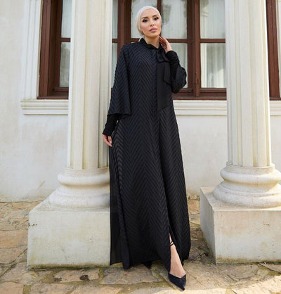 Modefa Abaya Modest Muslim Woman's Black Zigzag Patterned Abaya - 36120