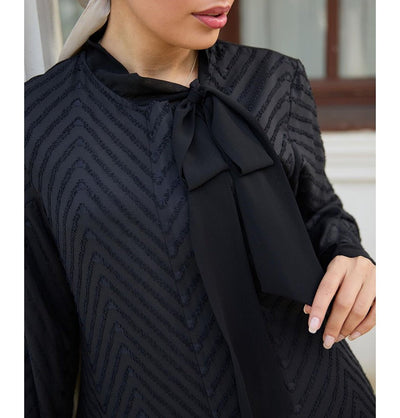 Modefa Abaya Modest Muslim Woman's Black Zigzag Patterned Abaya - 36120