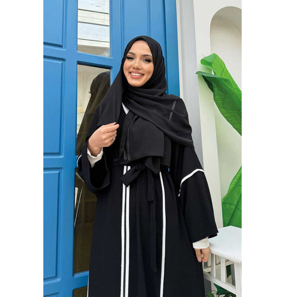 Modefa Abaya Modest Muslim Woman's Classy Striped Abaya - 7885 Black